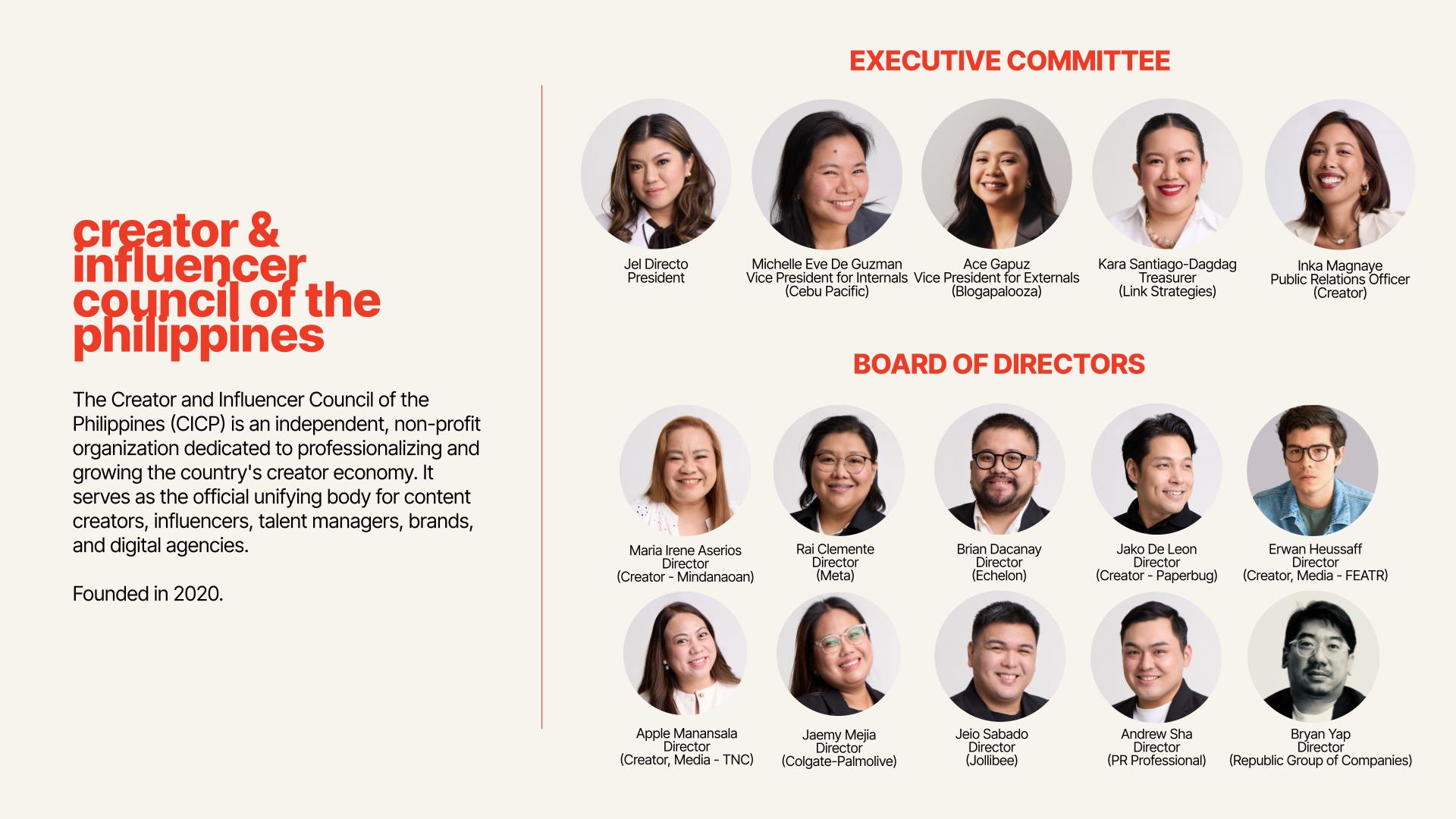 Board of Directors and Executive Committee of the Creator and Influencer Council of the Philippines