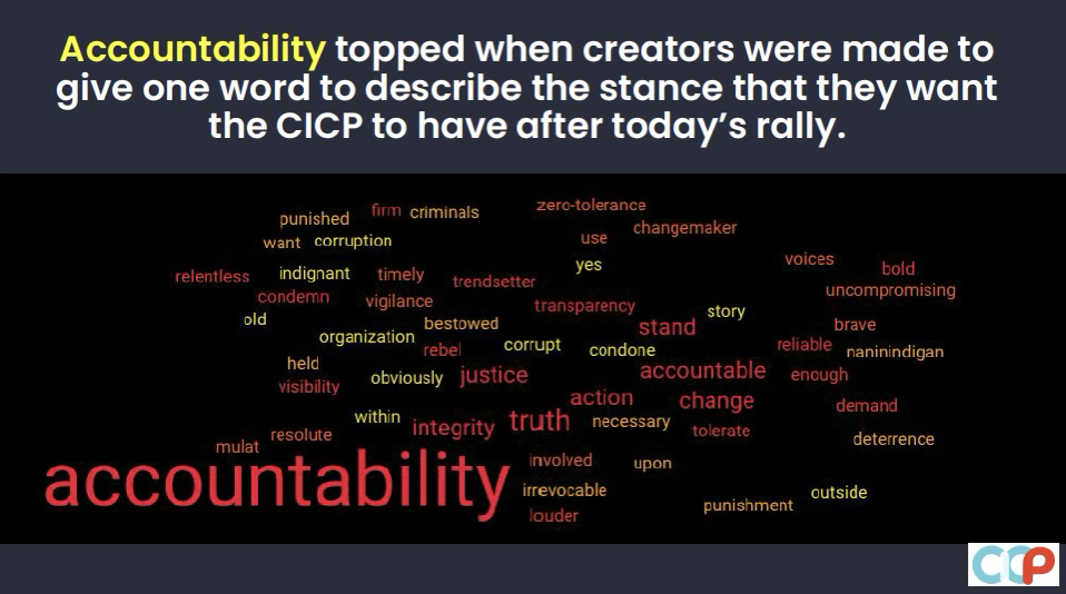 Word cloud graphic showing accountability as the top word creators want CICP to embody after the rally.