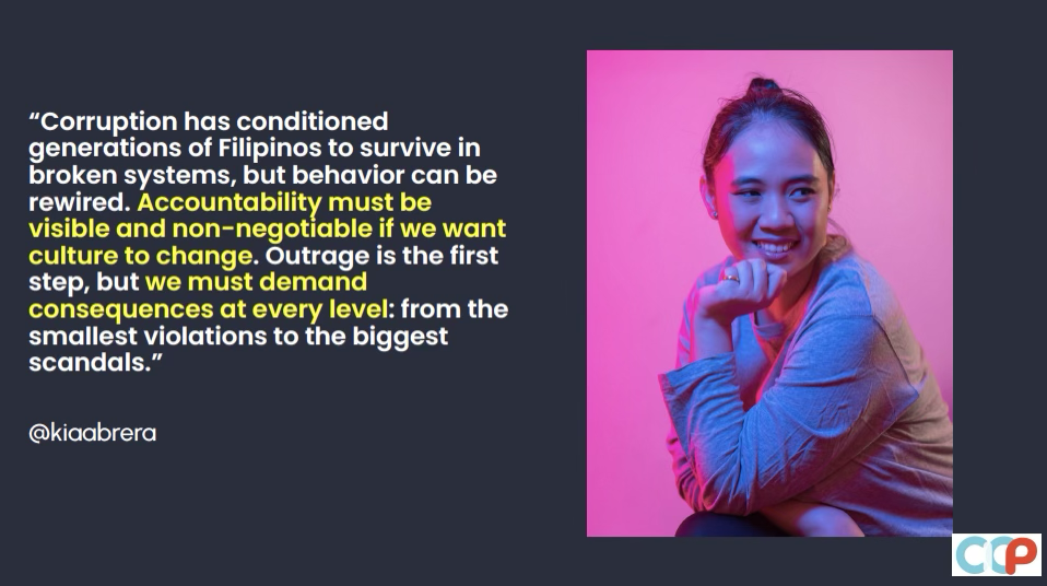 Quote graphic featuring @kiaabrera about visible accountability and consequences.