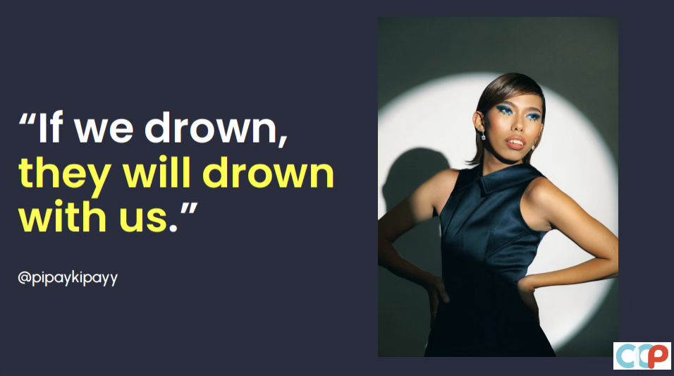 Quote graphic featuring @pipaykipayy saying, If we drown, they will drown with us.